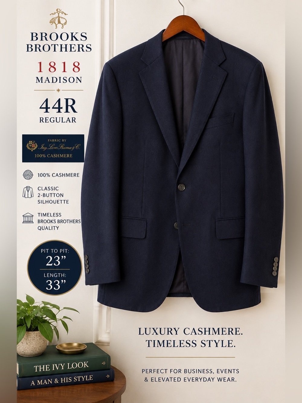 Brooks Brothers 1818 Madison Men’s Navy Cashmere Blazer 44R Loro Piana Italy